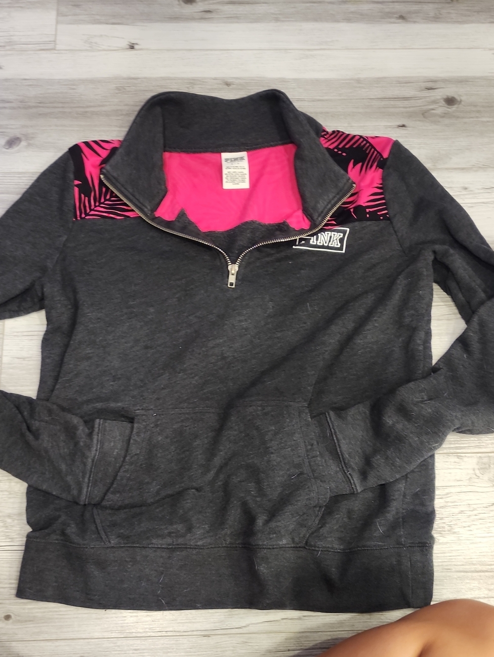 PINK Victoria's Secret Charcoal Pullover with Hot Pink Palm Accent